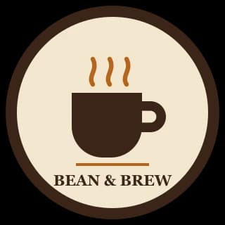湯気の立つコーヒーカップとBean & Brewの文字が入った円形のカフェロゴ