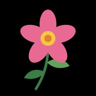 Eine rosa Blume mit fünf Blütenblättern, gelber Mitte, grünem Stiel und zwei Blättern