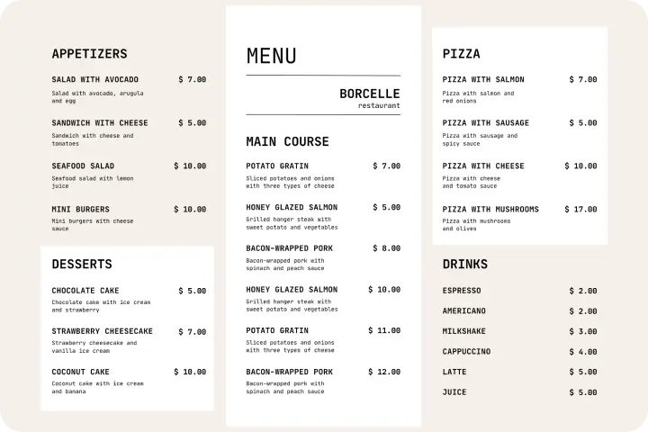 Menu restaurant print example